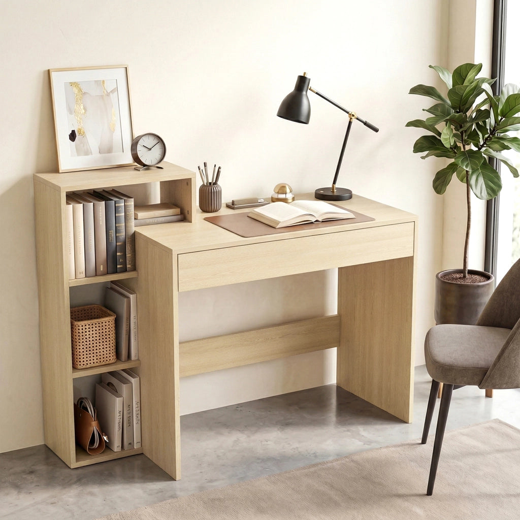 Scrivania PC Moderna con 3 Ripiani Aperti e Cassetto, in Legno, Color Legno, 100x40x90 cm