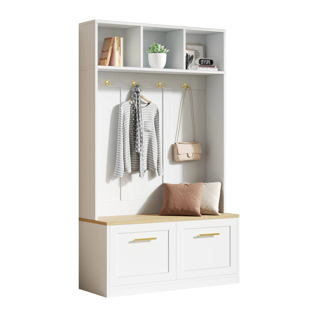 Set di mobili da ingresso con panca e vani aperti in MDF e pannello di particelle naturale e bianco 105 × 40 × 180 cm