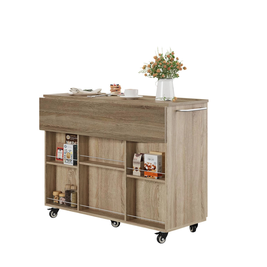 Carrello da cucina con piano pieghevole, 1 cassetto, 2 armadietti, ripiani regolabili e ruote con freno, MDF naturale