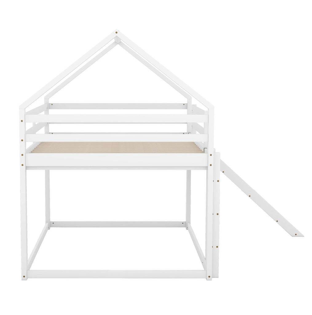 Letto a castello per bambini a forma di casa con scivolo e scala, materassi 140x200 cm, colore bianco