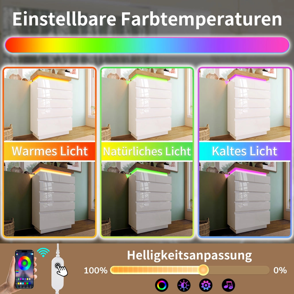 Comò con 6 Cassetti e LED con Controllo tramite App e Touch per Soggiorno e Camera 73×39×115 cm