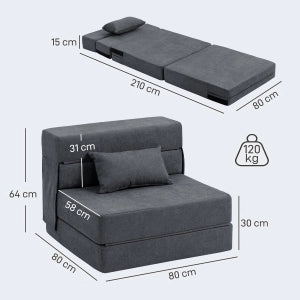 Poltrona letto pieghevole 3 in 1 in tessuto effetto flanella grigio scuro con cuscino 80 × 80 × 64 cm