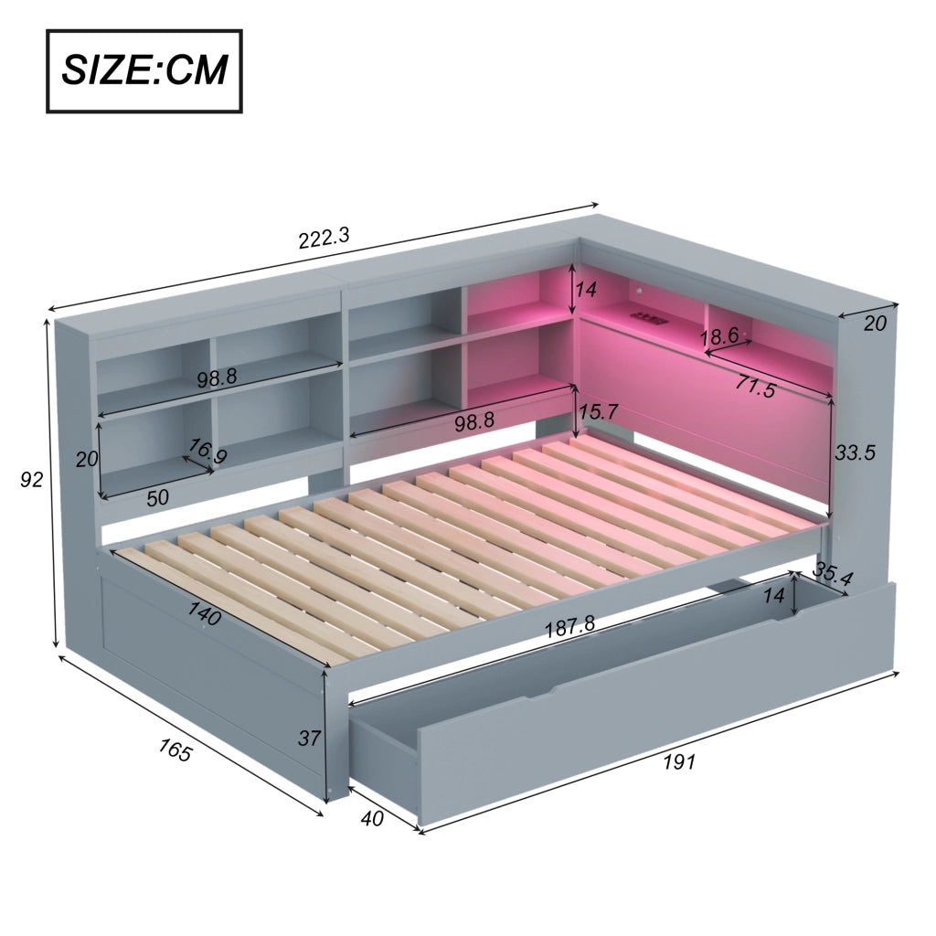 Letto matrimoniale 140 × 200 cm con cassetti LED cangianti e presa USB in legno grigio con vani laterali