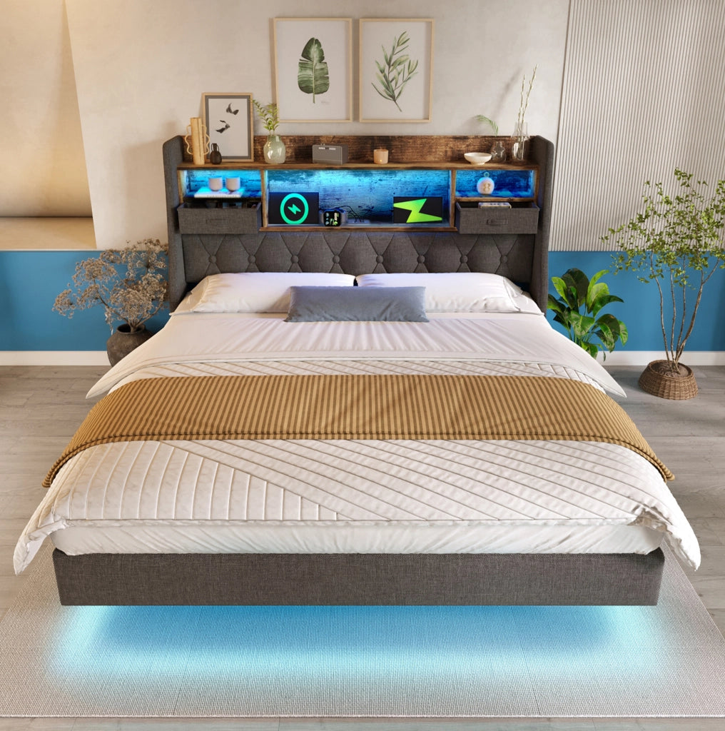 Letto imbottito 140x190 cm con illuminazione LED, testiera con porta USB e Type-C, design moderno con piano a doghe, rivestimento in lino grigio (senza materasso)