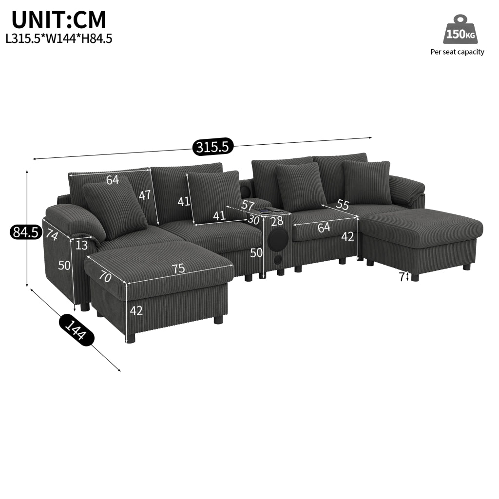 Divano modulare in corduroy grigio con Bluetooth; console e porte USB; 315;5 cm