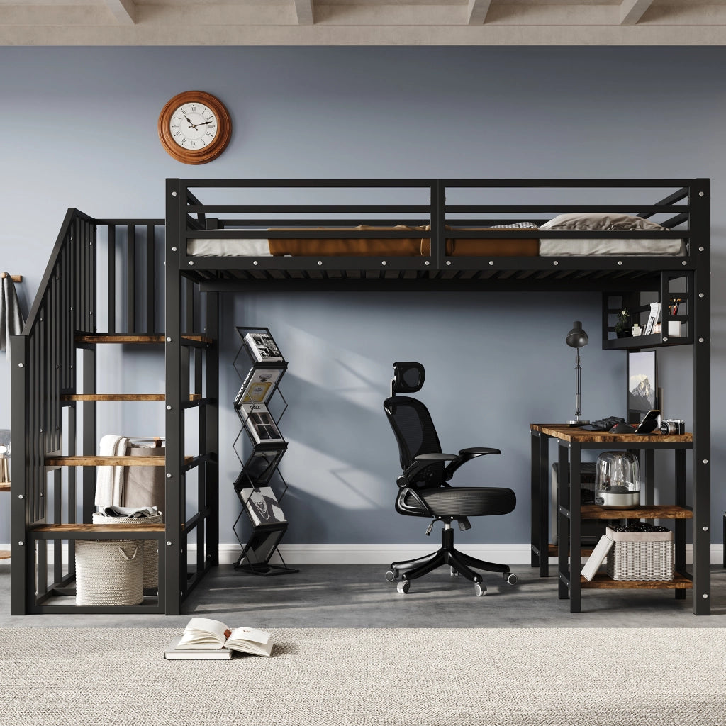 Letto a soppalco per bambini 120 × 200 cm con scrivania scaffale scale con corrimano metallo e legno nero noce scuro