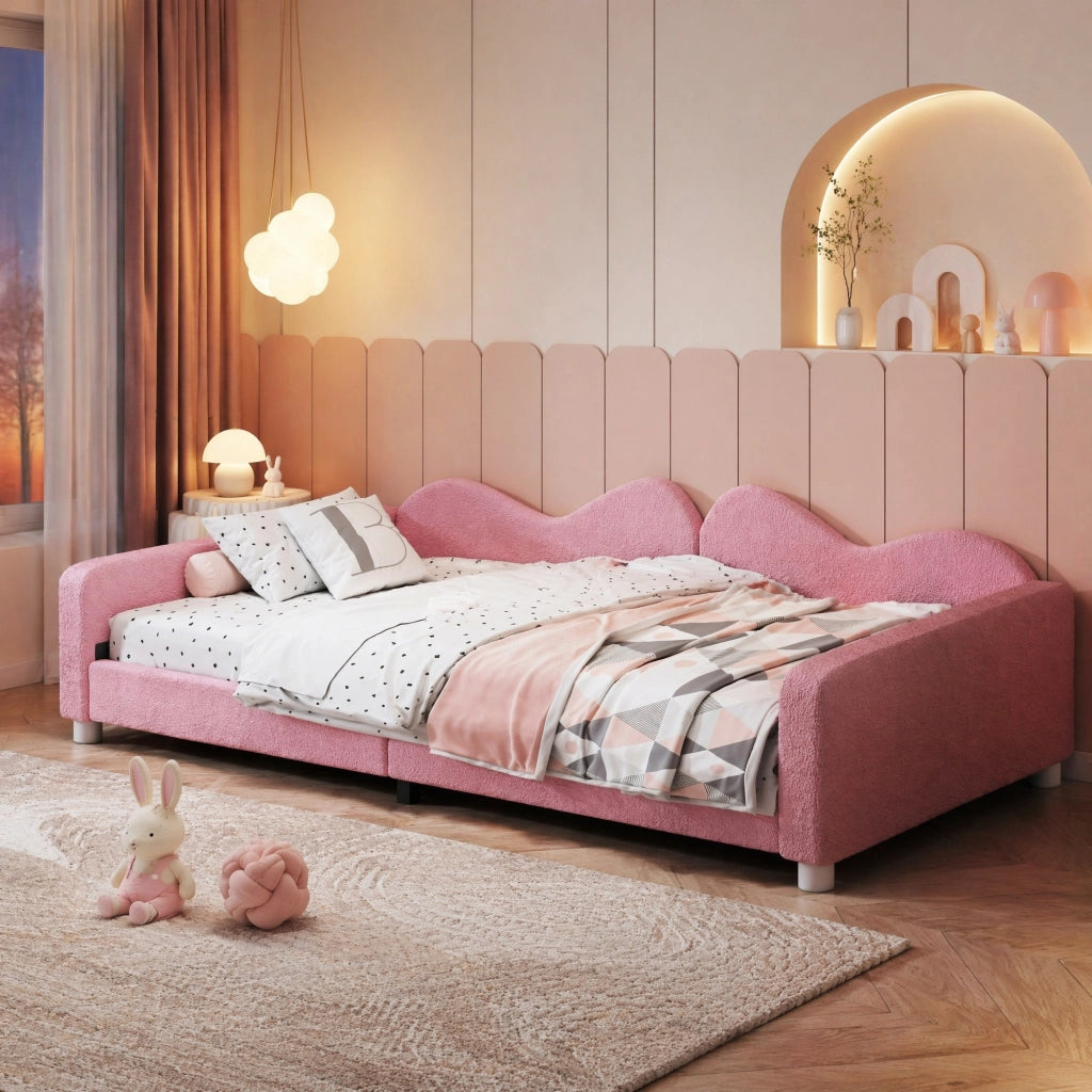 Letto per bambini imbottito rosa con schienale e braccioli struttura a doghe in legno portata 120 kg