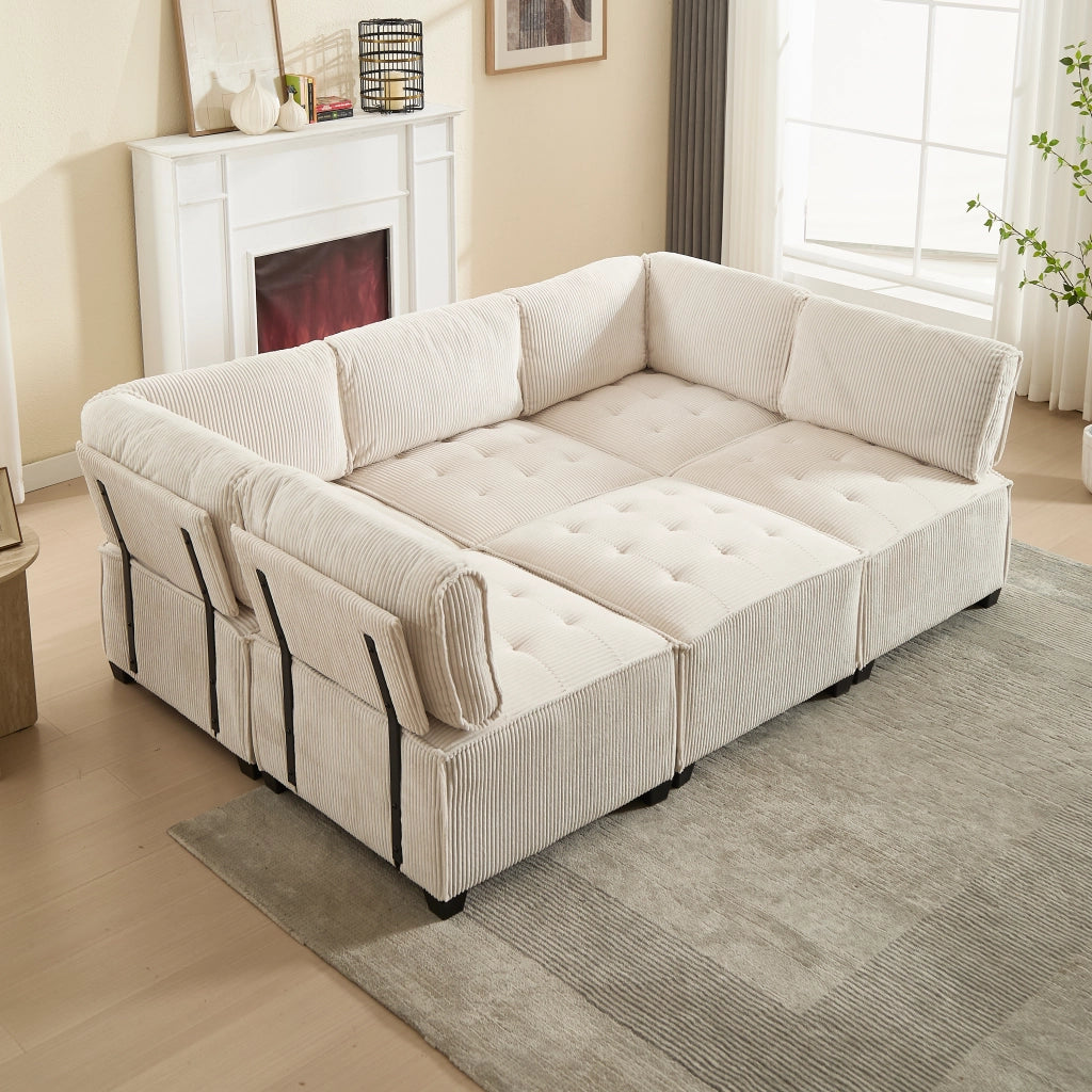 Divano modulare 6 posti in velluto a coste beige configurabile a U o L con tasche laterali 308 × 154 × 81.99 cm
