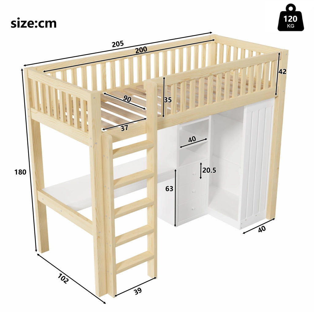 Letto a soppalco in legno di pino 90x200 cm con scrivania, armadio, 3 cassetti, scala e sponde, colore naturale