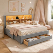 Letto singolo estraibile 90x200 cm con 2 cassetti; LED e USB/Type-C in velluto grigio HOMVRA