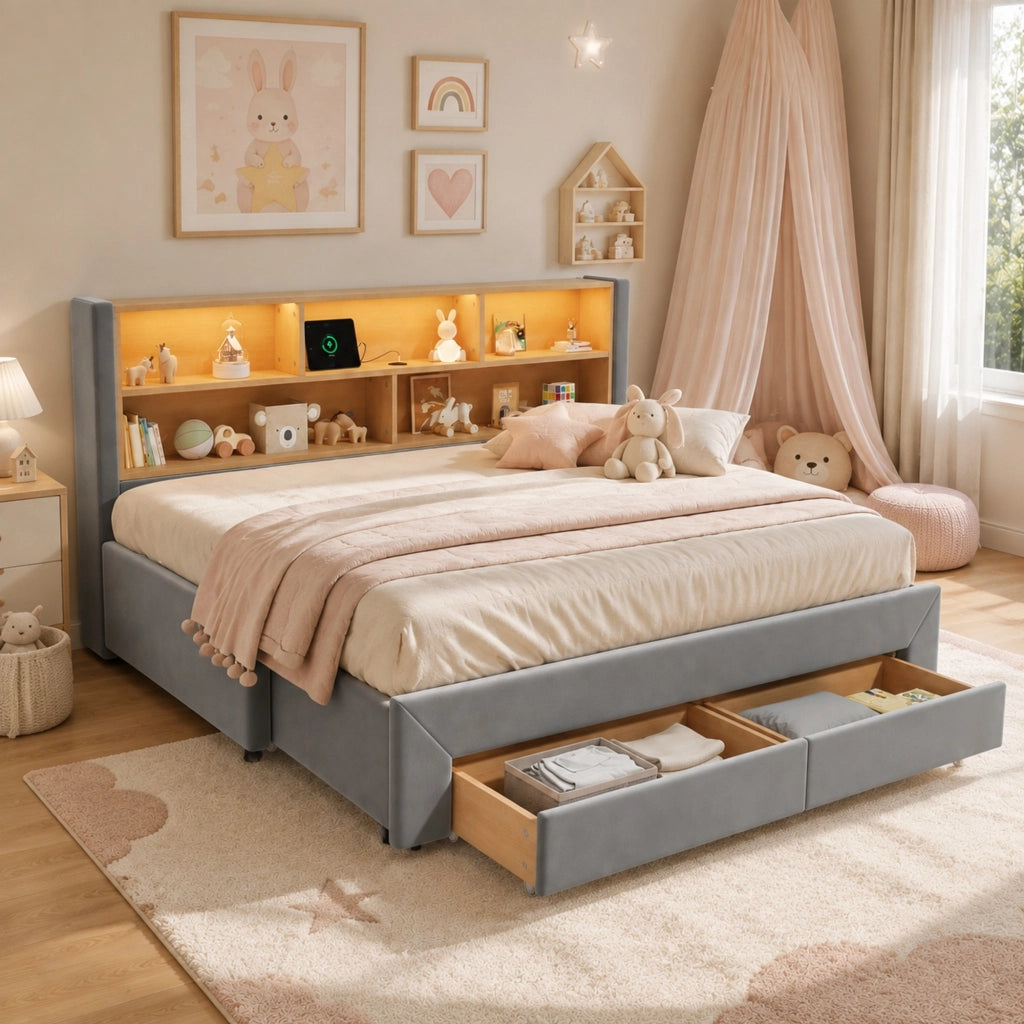 Letto singolo estraibile 90x200 cm con 2 cassetti; LED e USB/Type-C in velluto grigio HOMVRA