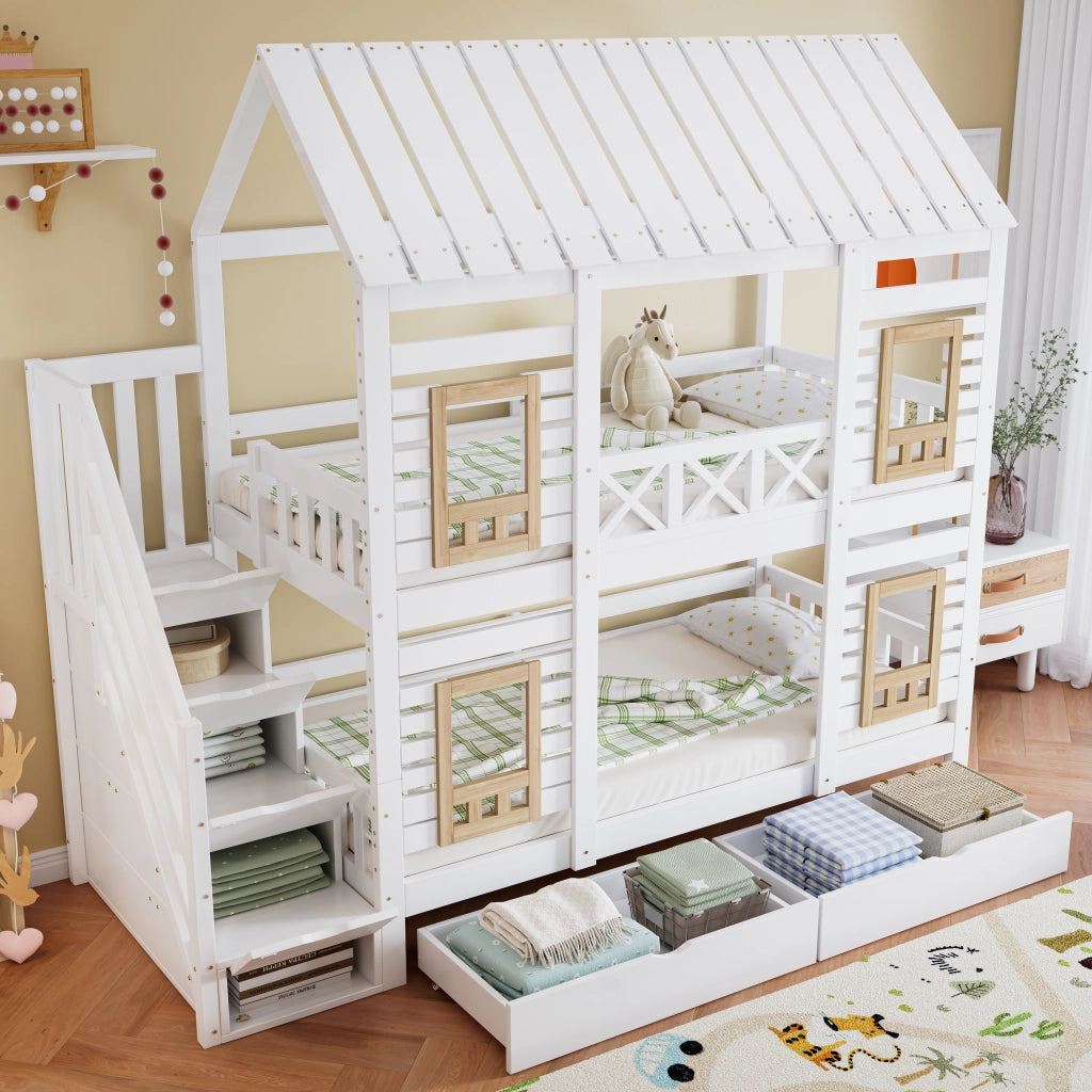 Letto a castello a casetta in pino e MDF; 90x200 cm; bianco e naturale; con scala contenitore e cassetti per cameretta