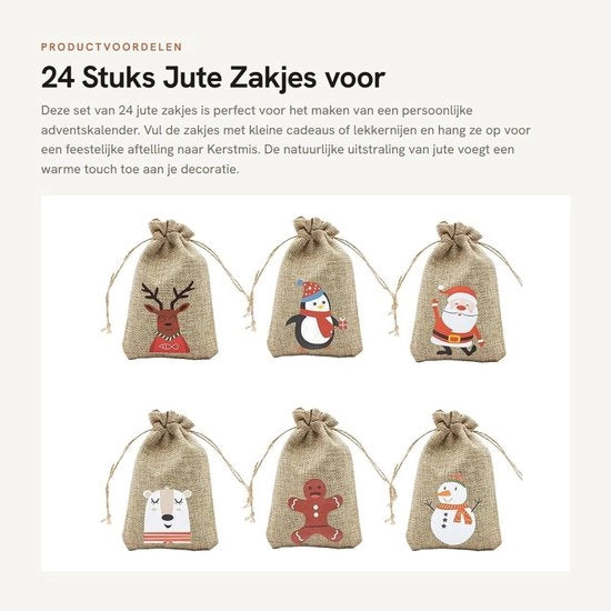 Calendario di Natale a 24 pezzi - Sacchetti di Juta - Fai da te - Sacchetti di regalo per Natale - Corda per aprire - Disegni colorati - Sacchetti di regalo