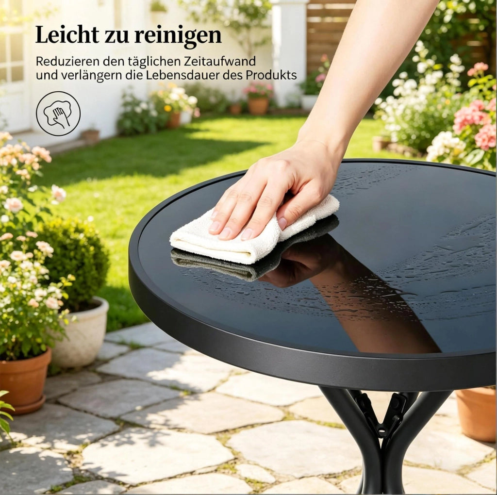 Set Mobili da Giardino 3 Pezzi in Metallo Nero con Tavolo in Vetro Temperato e 2 Sedie Pieghevoli