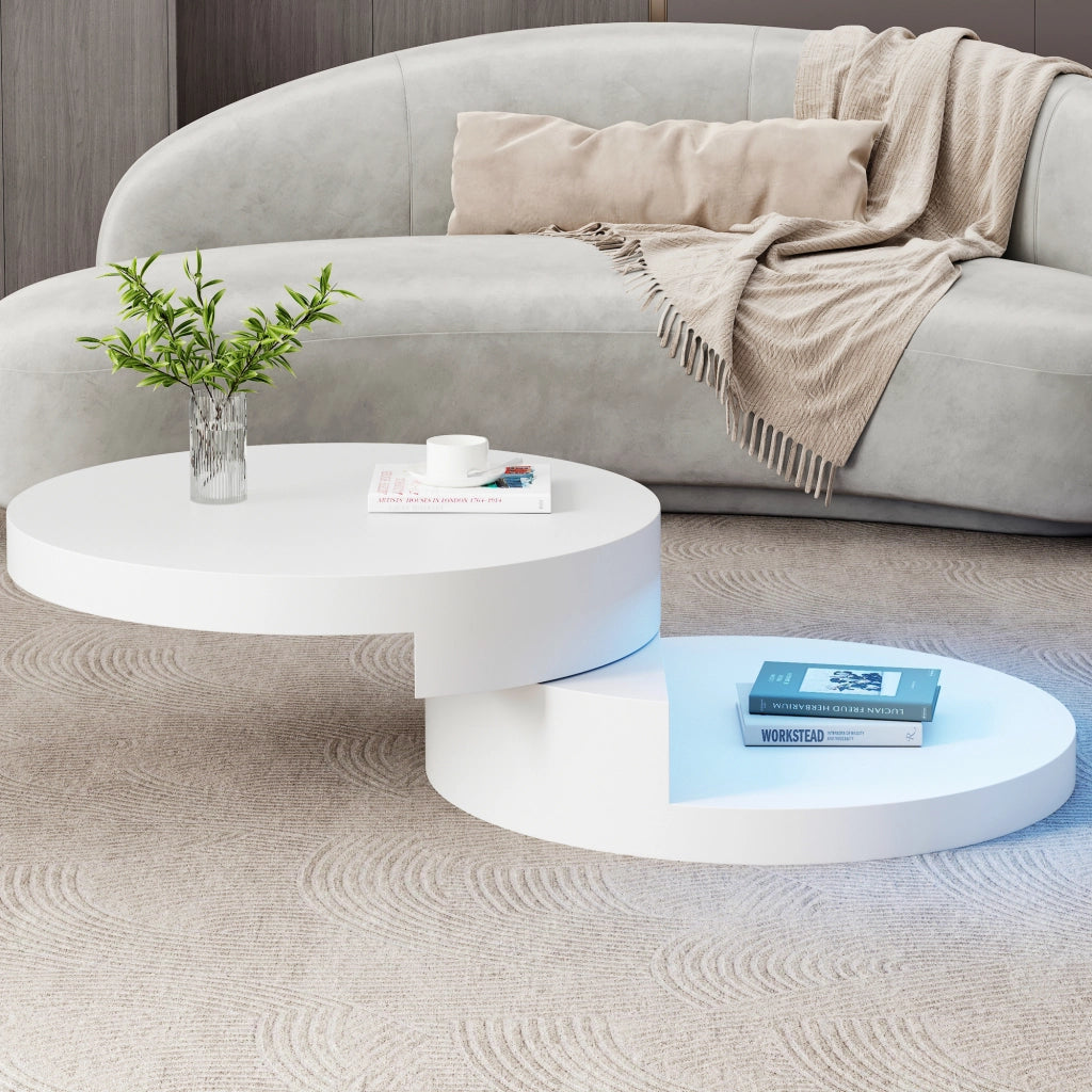 Tavolino da Salotto Rotondo 70 cm Girevole a 360 Gradi con LED MDF Bianco