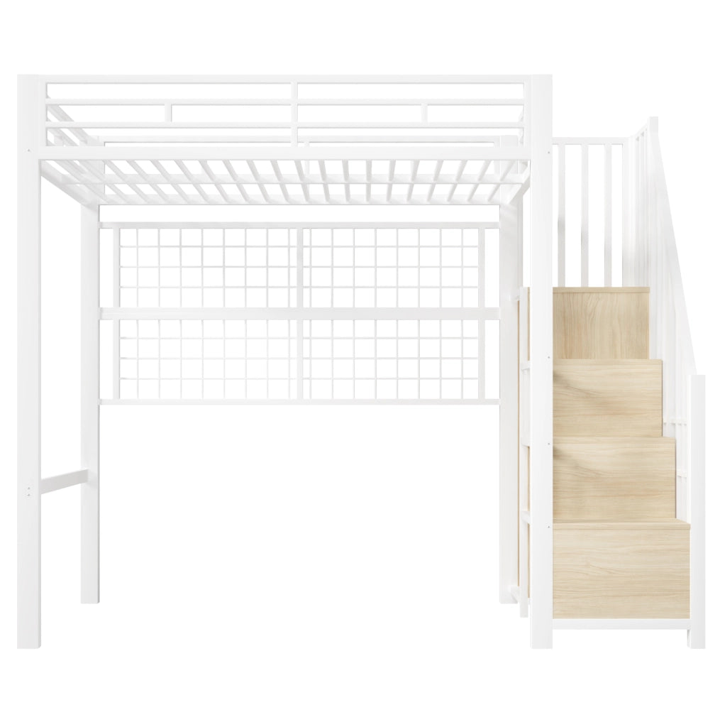 Letto a soppalco 90x200 cm con struttura in ferro, armadio con scala contenitore, griglia appendiabiti, luci LED a 7 colori, bianco, senza materasso