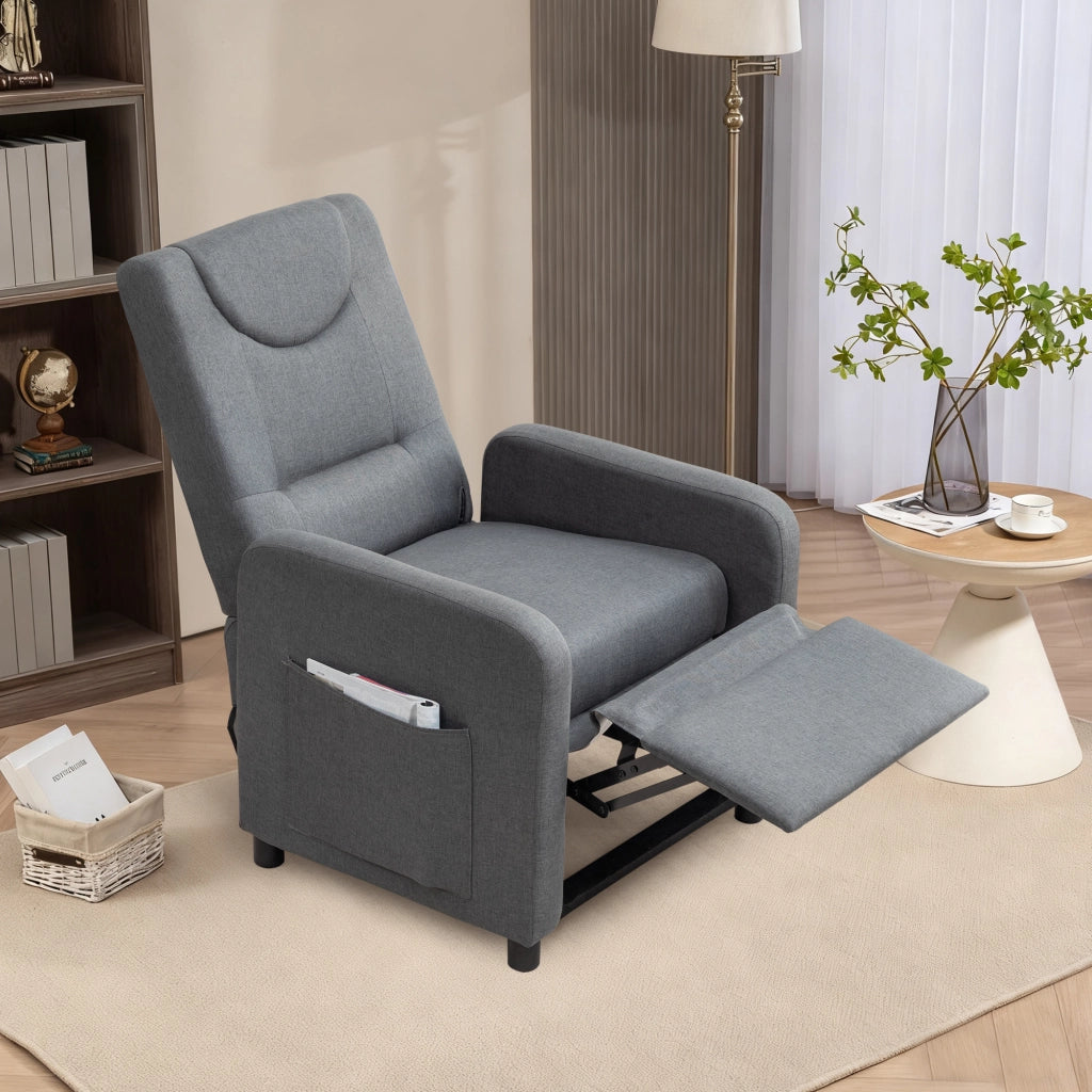 Poltrona reclinabile in lino grigio scuro con schienale multiangolo e poggiapiedi pieghevole 96 × 57 × 63 cm