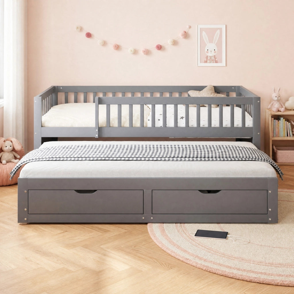 Letto con letto estraibile 90 × 200 cm due posti letto con due cassetti in legno grigio con rete a doghe