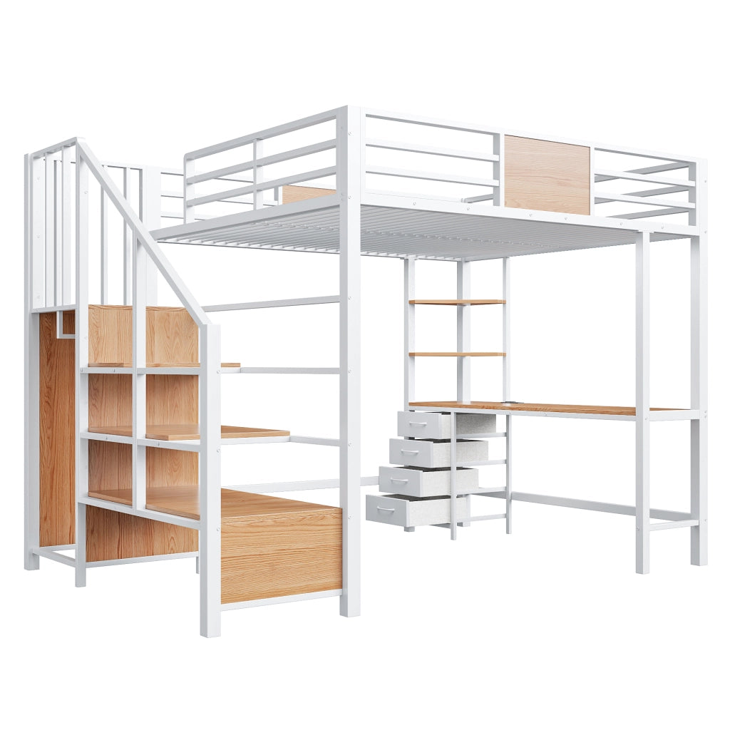 Letto a soppalco 140x200 cm per adulti con scrivania; ripiani; appendiabiti; LED e presa; metallo bianco