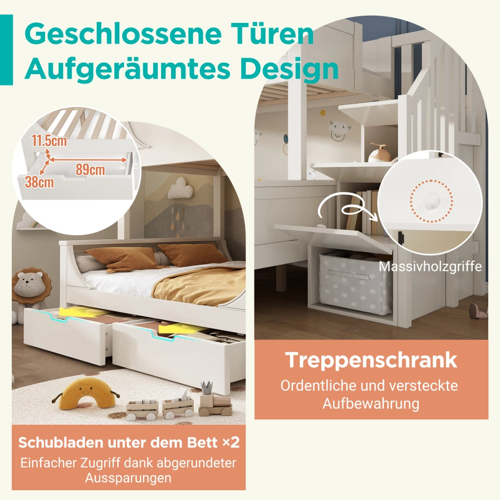 Letto a castello per bambini con armadio scala cassetti legno MDF e metallo bianco