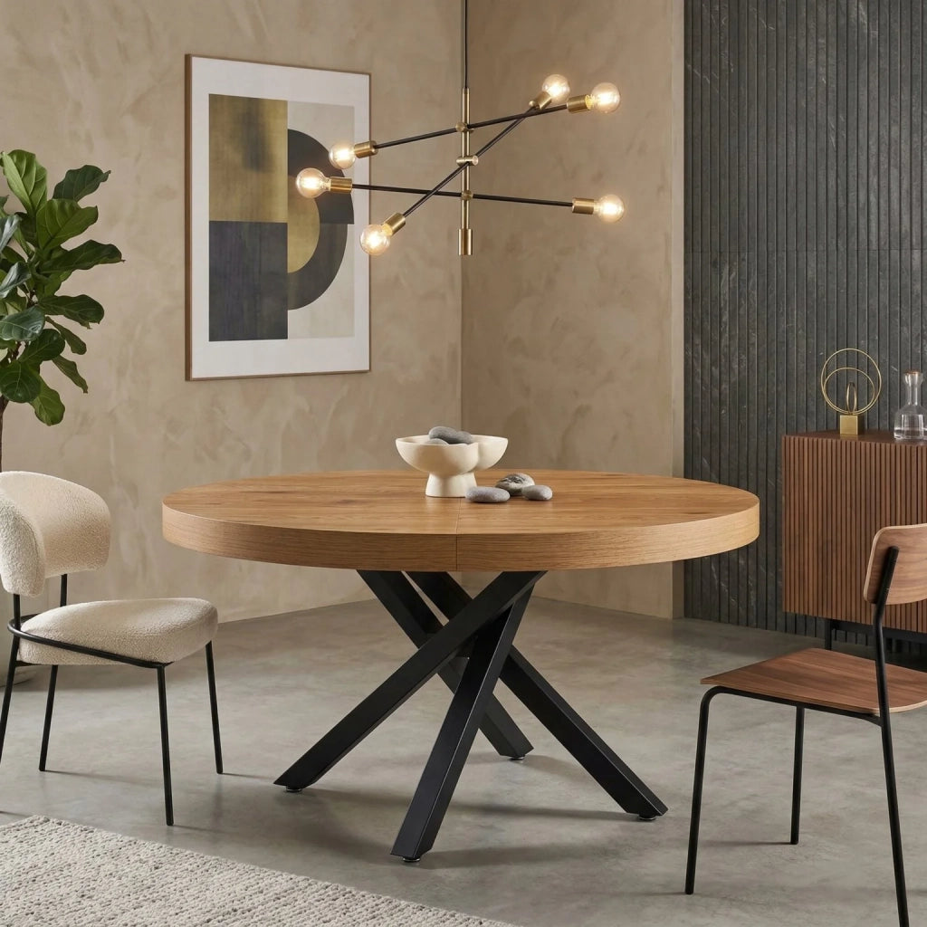 Tavolo Estensibile ZEFIRO con Piano Rovere e Gambe Incrociate in Metallo Nero, Ø120–160 cm