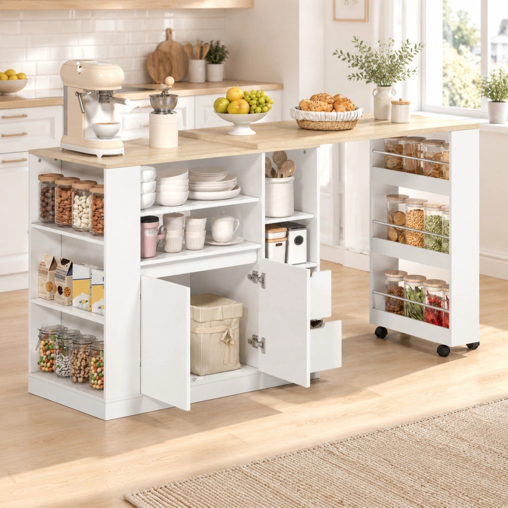 Isola cucina 115x50x92 cm con piano girevole estraibile; 2 cassetti e ripiani bianco/naturale HOMVRA