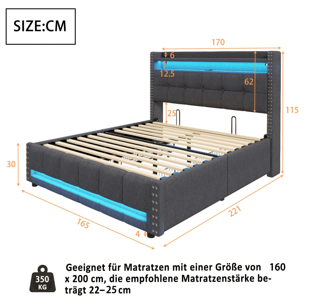 Letto imbottito 160x200 cm grigio in tessuto con LED, USB e 4 cassetti