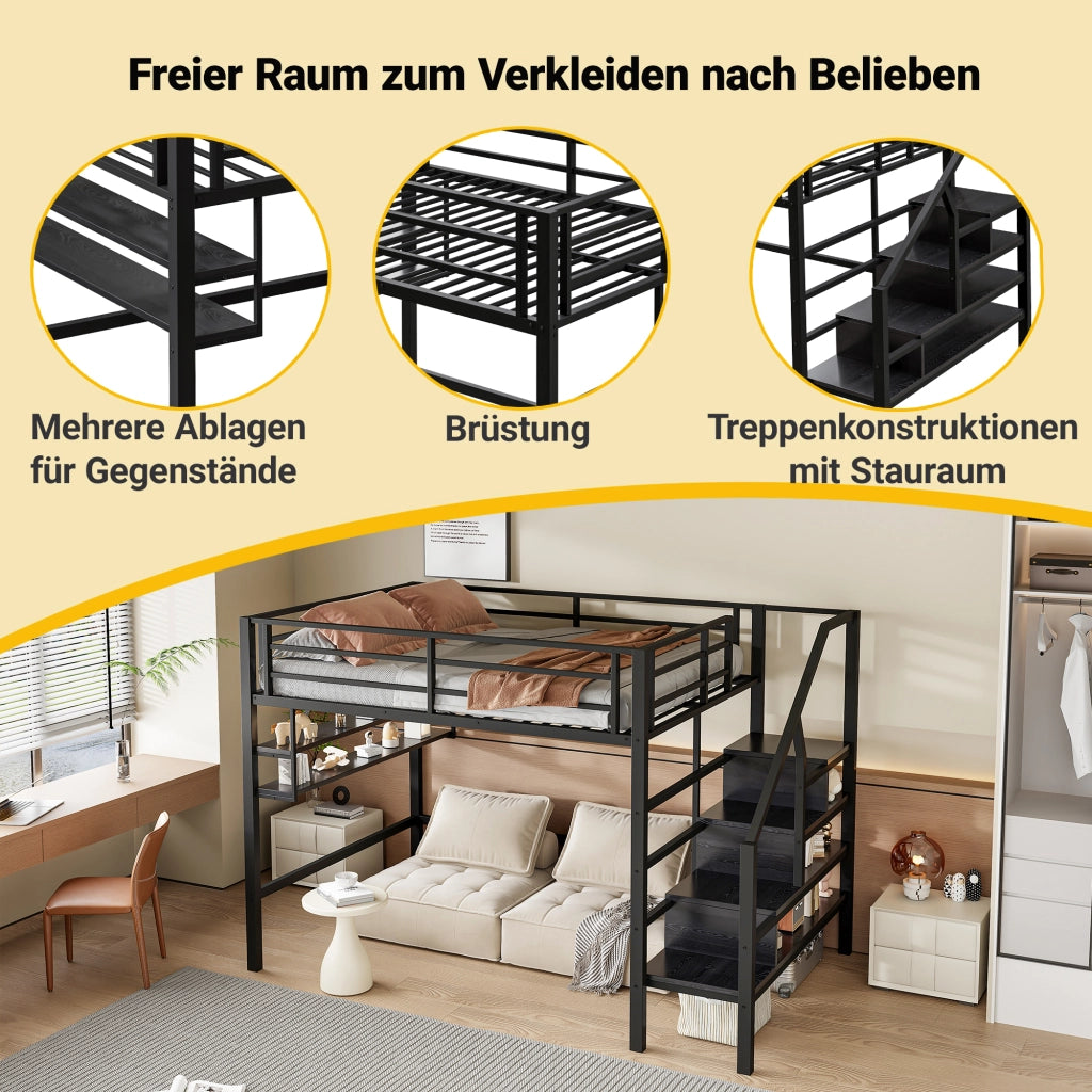 Letto a Soppalco 140x200 cm in metallo con Ripiani Nero