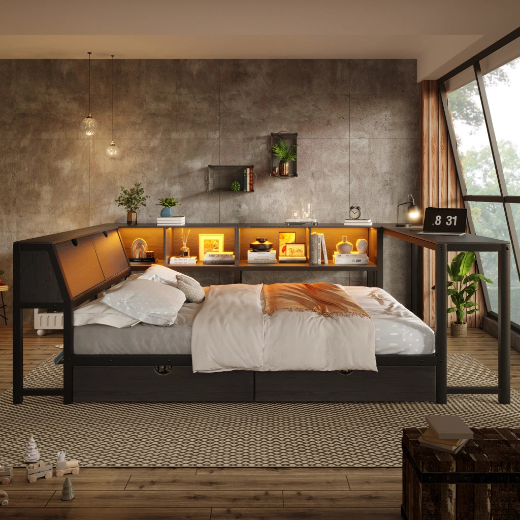 Letto con cassetti 140 × 200 cm con scrivania LED e testiera contenitore in MDF e metallo nero