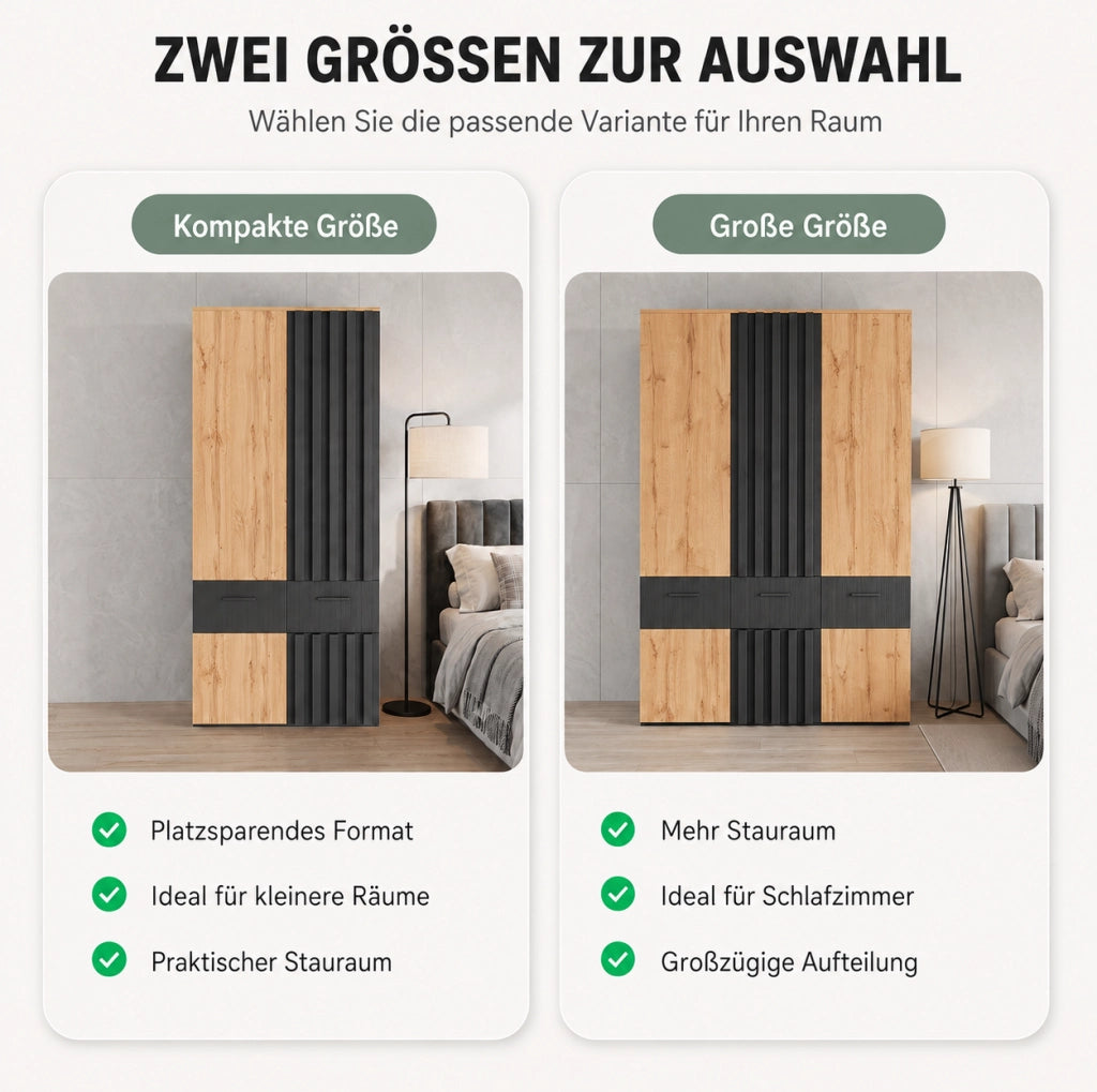 Armadio alto a quattro ante con lamelle 90x50x200 cm, 2 cassetti, 2 ripiani e barra appendiabiti, nero e legno naturale
