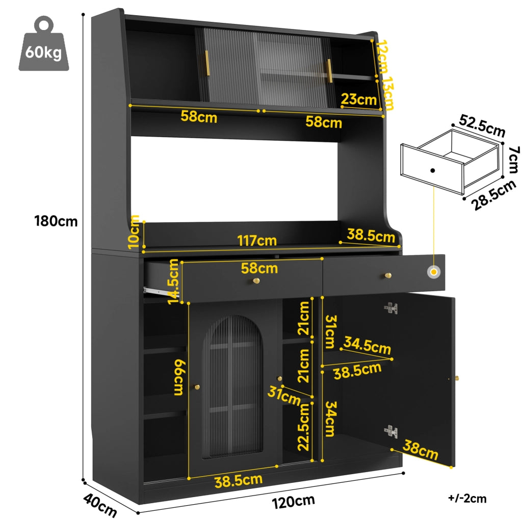 Buffet Cabinet con LED regolabile, 120x40x180 cm, MDF e PB, nero, 2 cassetti e ripiani regolabili