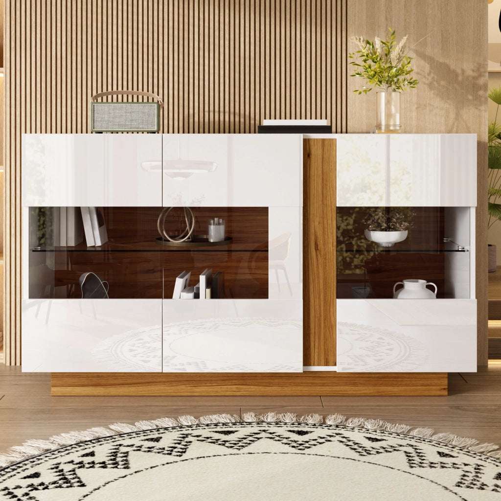 Credenza moderna con 3 ante in acrilico e LED regolabile; 120 x 38 x 80 cm; truciolare bianco e naturale