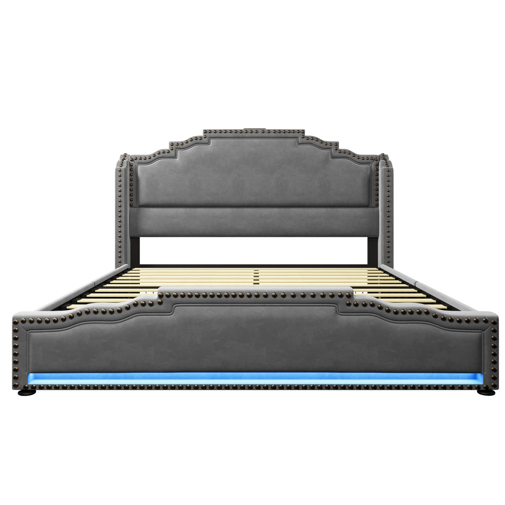 Letto matrimoniale 140 × 200 cm in velluto grigio con 4 cassetti LED USB C e materasso a molle