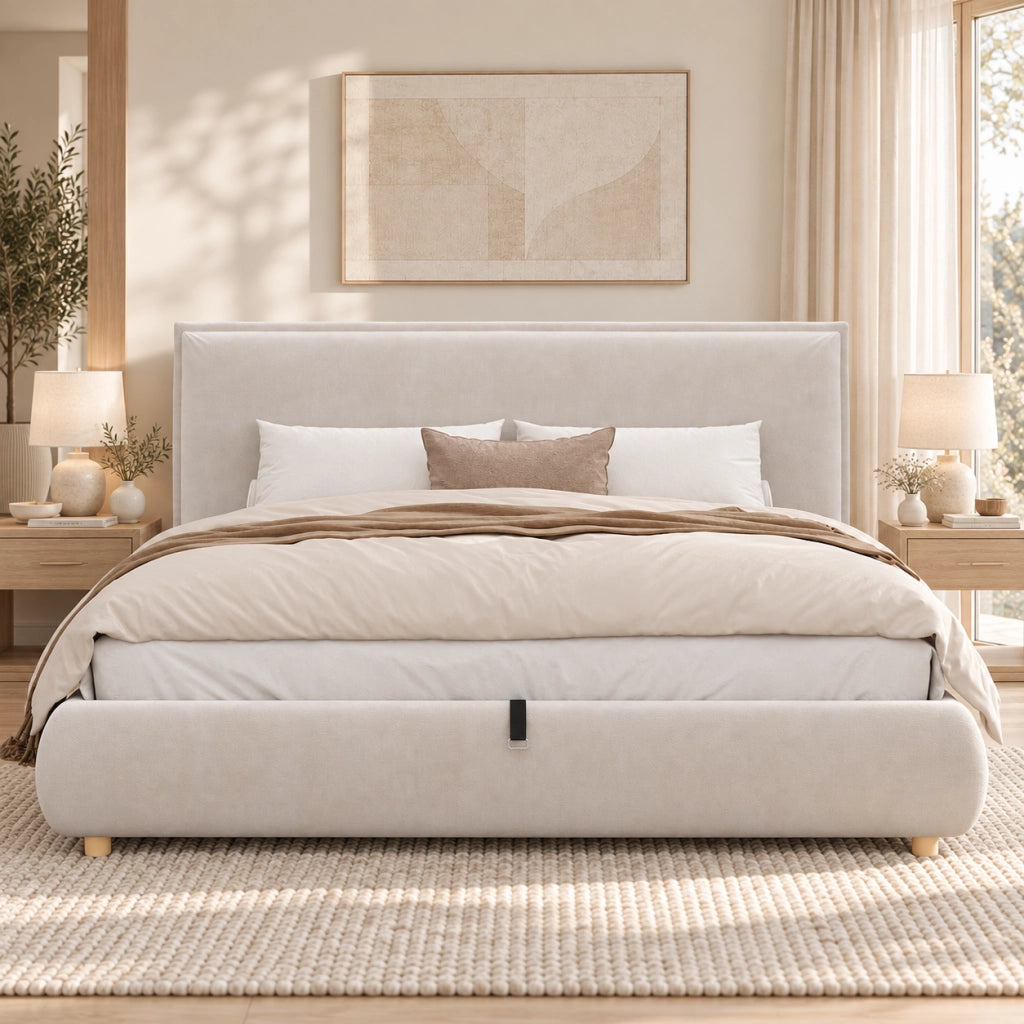 Letto matrimoniale 160 × 200 cm con contenitore idraulico e testiera imbottita, senza materasso, in velluto crema