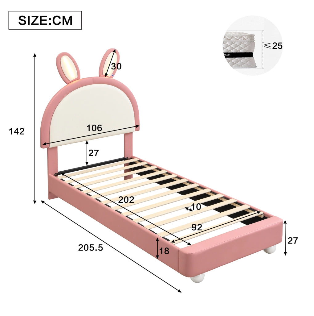 Letto singolo imbottito con testiera a coniglio e LED; 90 x 200 cm; rosa
