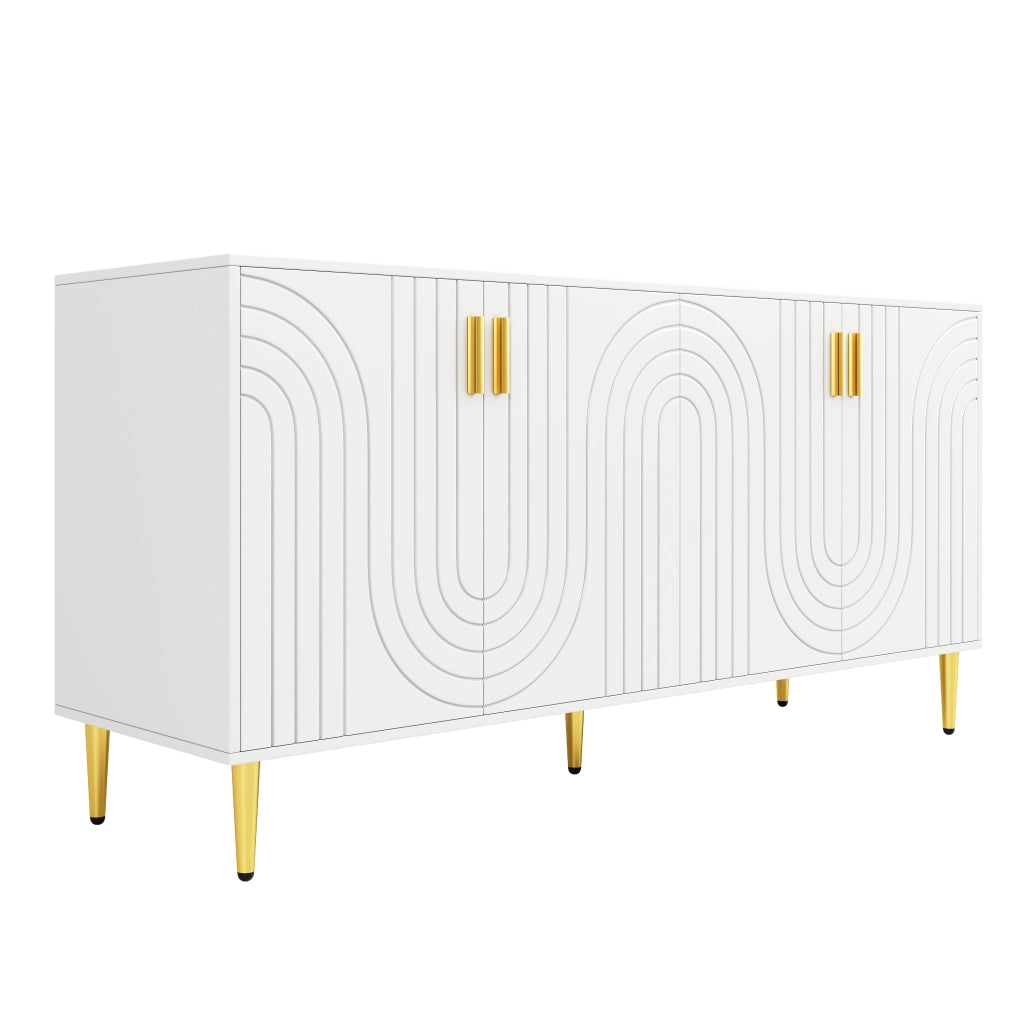 Credenza 2 ante e 4 vani, frontali ondulati e piedini dorati, per soggiorno e sala da pranzo, bianca, 152 × 40 × 75 cm