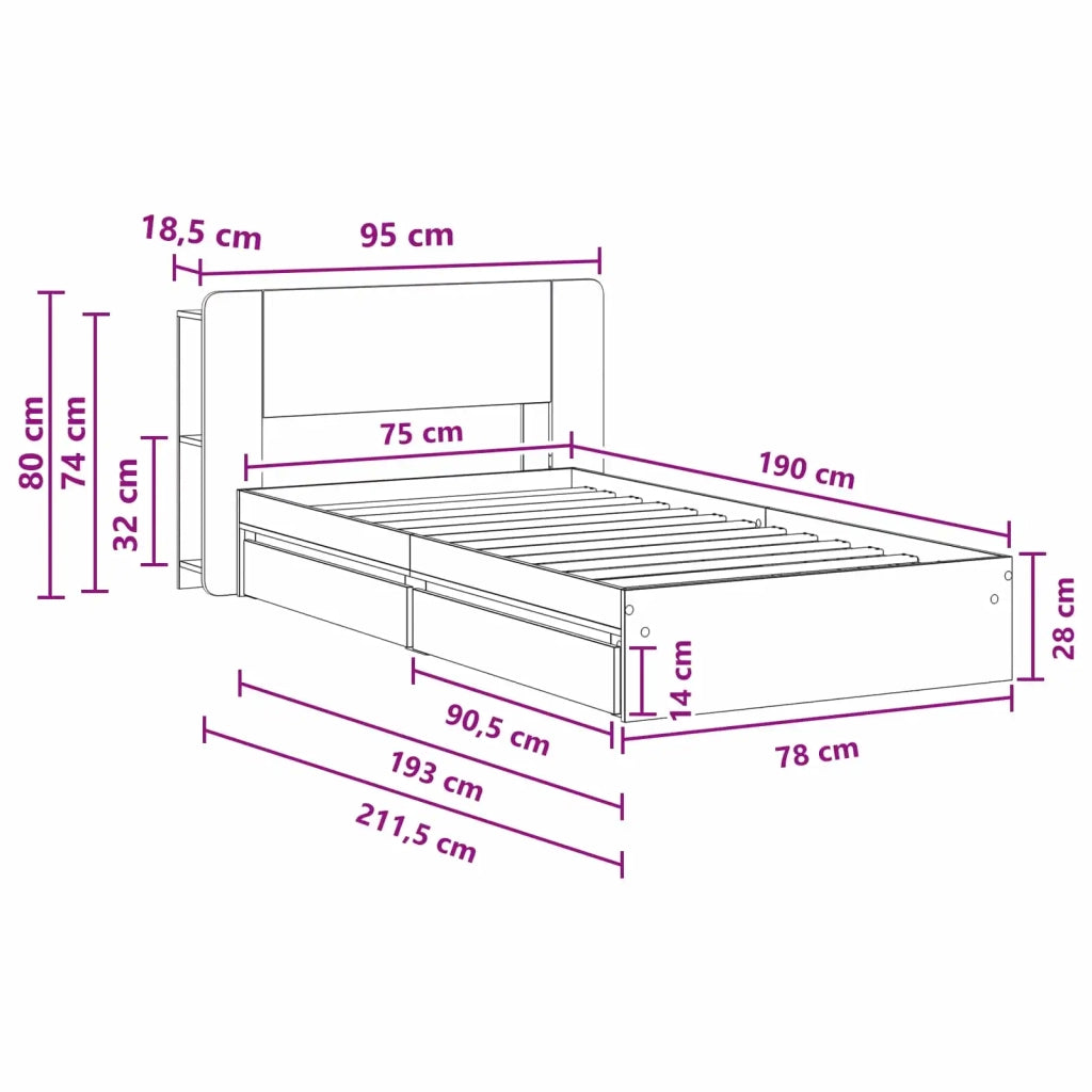 Letto singolo | Letto per adulti | Telaio del letto con storage con cassetto Nero 75 x 190 cm
