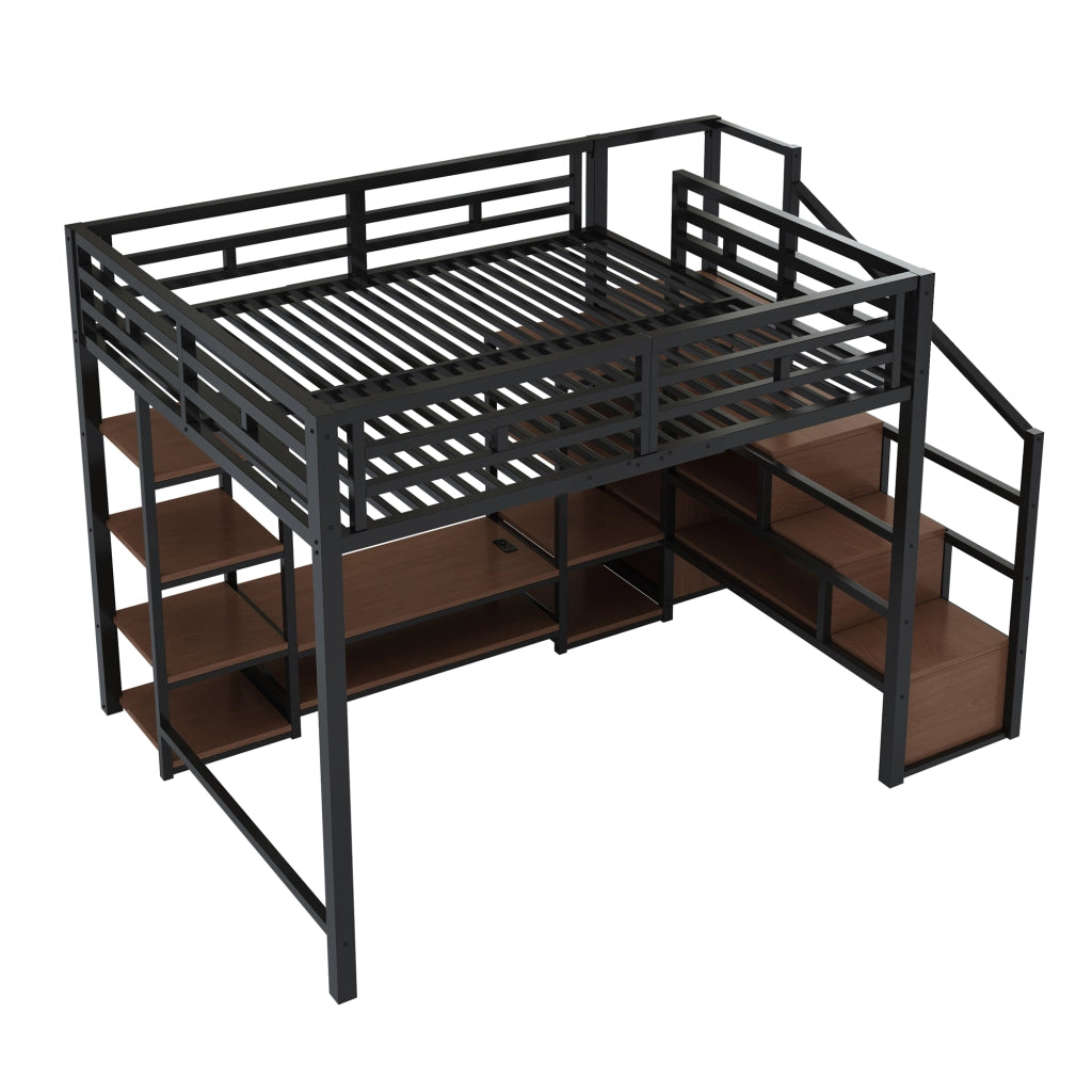 Letto a soppalco 140x200 cm con supporto TV; presa e scala contenitore; metallo e MDF nero