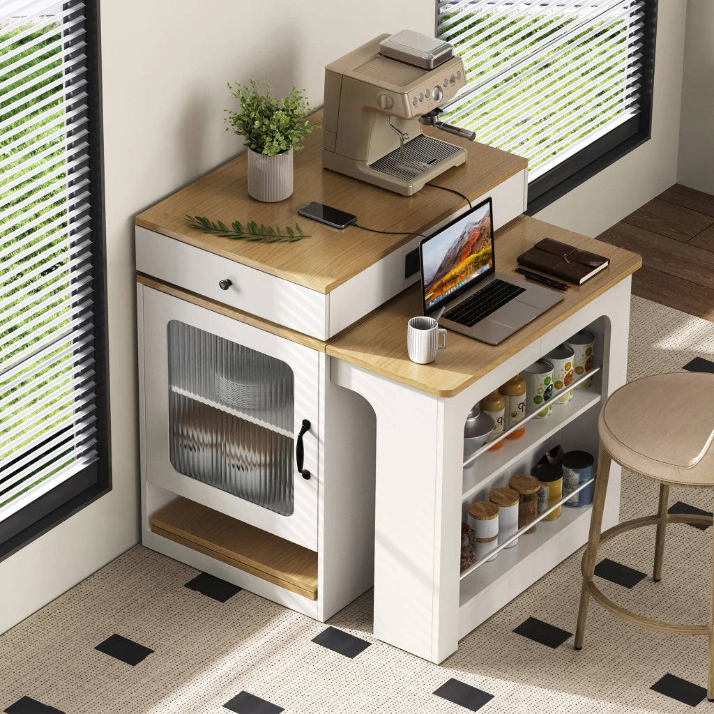 Tavolo allungabile con mobile contenitore e prese integrate MDF bianco e naturale 80 × 71~111~151 × 92 cm