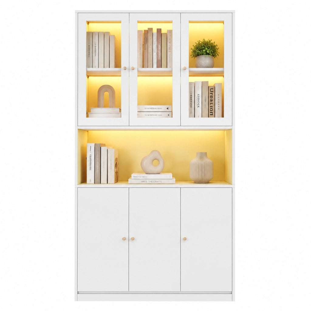 Libreria 100x35x200 cm bianca in MDF, vetrina LED e 3 ante