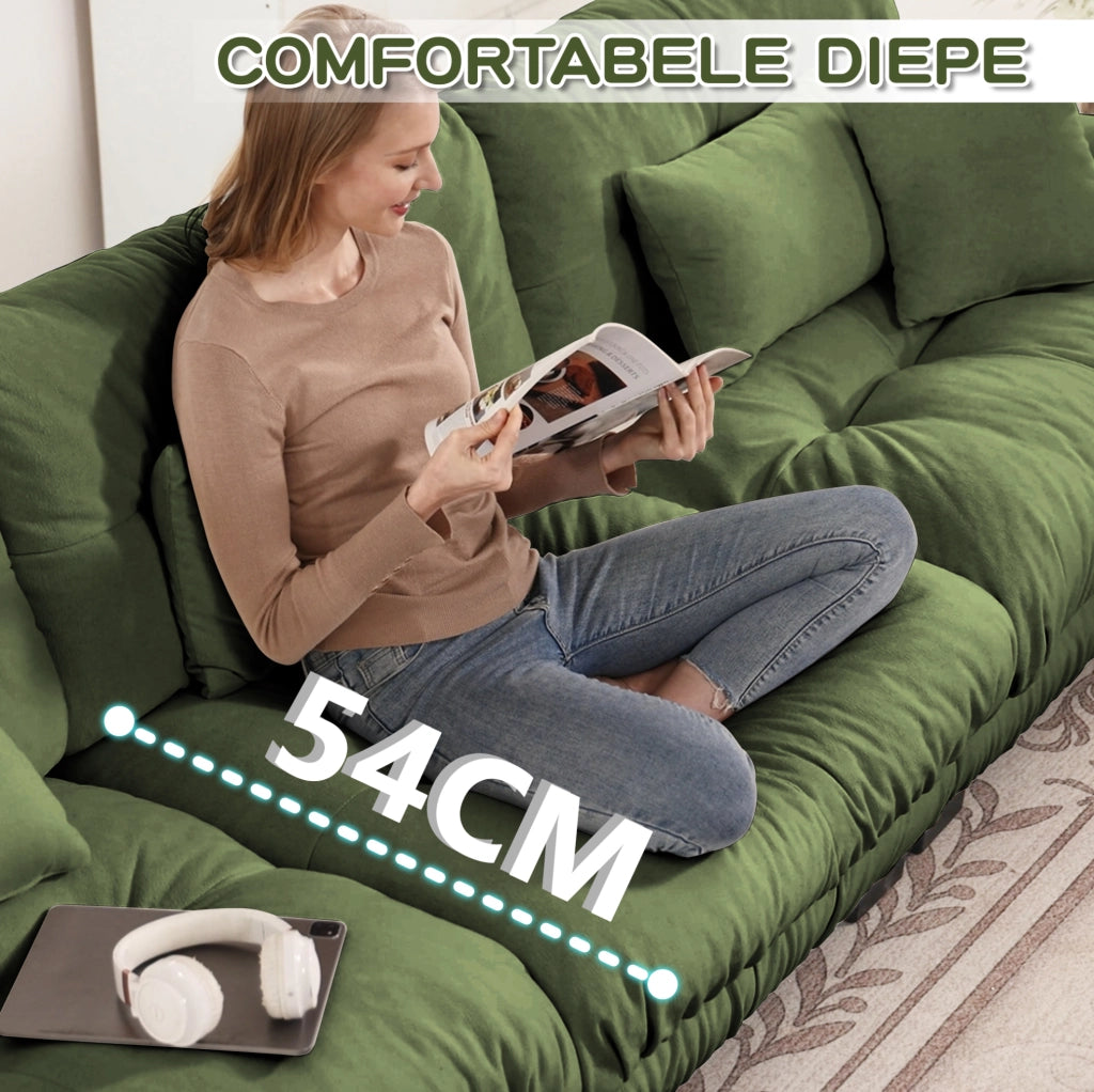 Divano angolare modulare in chenille vintage verde, 4 posti con pouf mobile