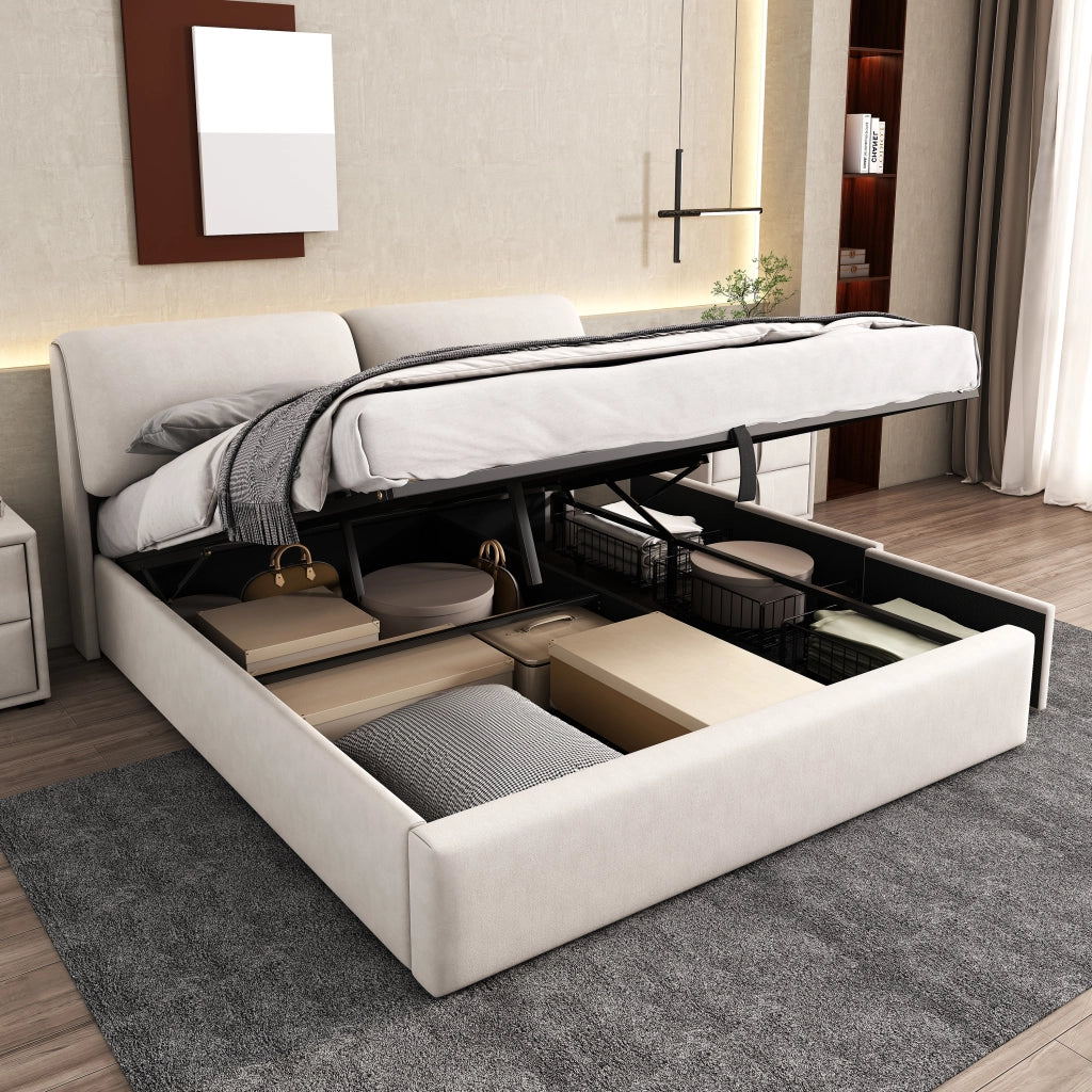 Letto con contenitore 180 × 200 cm idraulico con tre cassetti; testiera regolabile rivestito in velluto beige