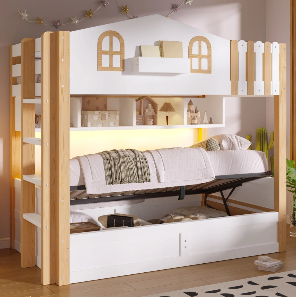 Letto a castello a casetta 90x200 cm con contenitore idraulico e LED