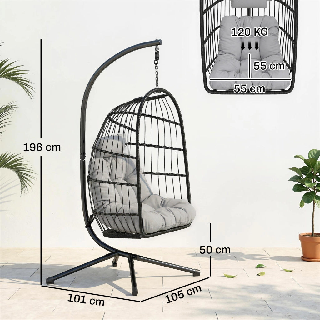 Sedia a Uovo Sospesa 105x101x196 cm con Supporto e Cinghia di Sicurezza in Metallo e Rattan PE Nero e Grigio Chiaro