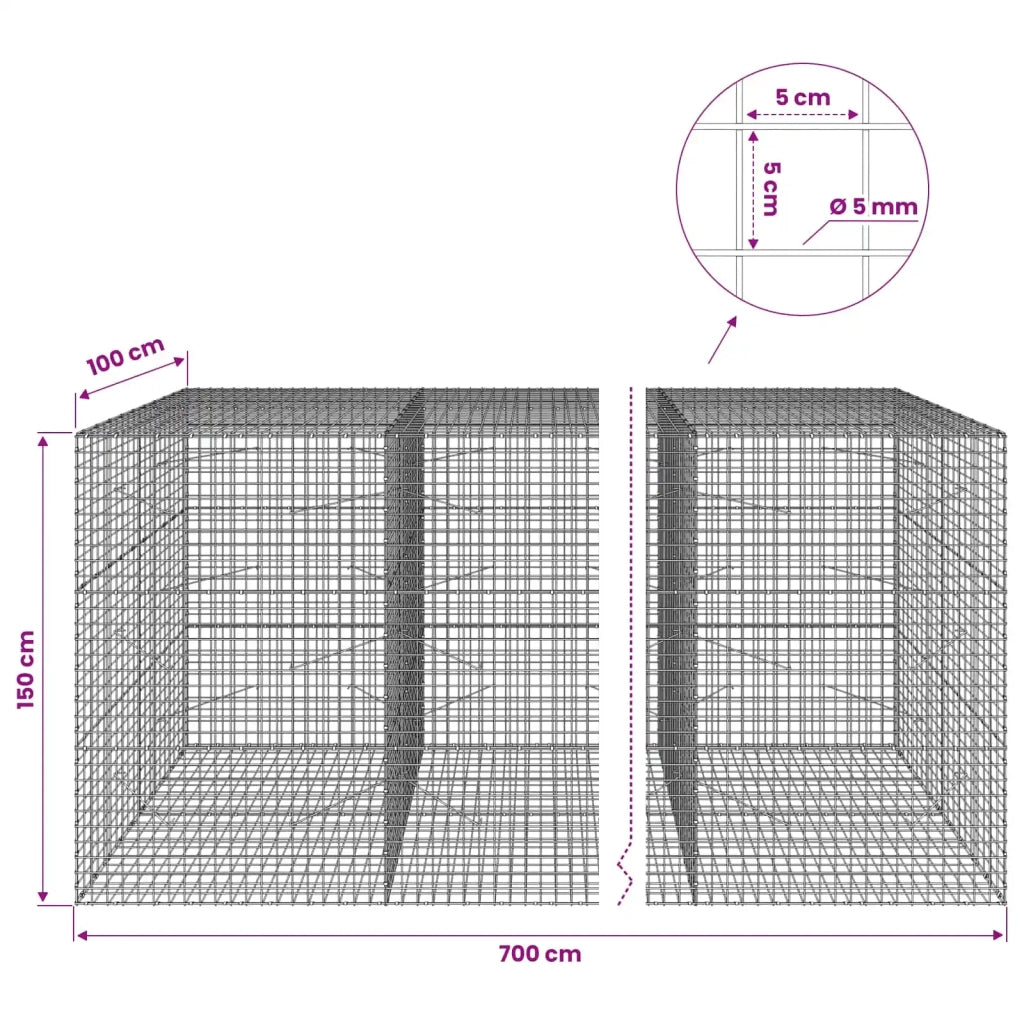 Gabione con Filo da 5 mm e Rete da 5x5 cm 700x100x150 cm 3464384