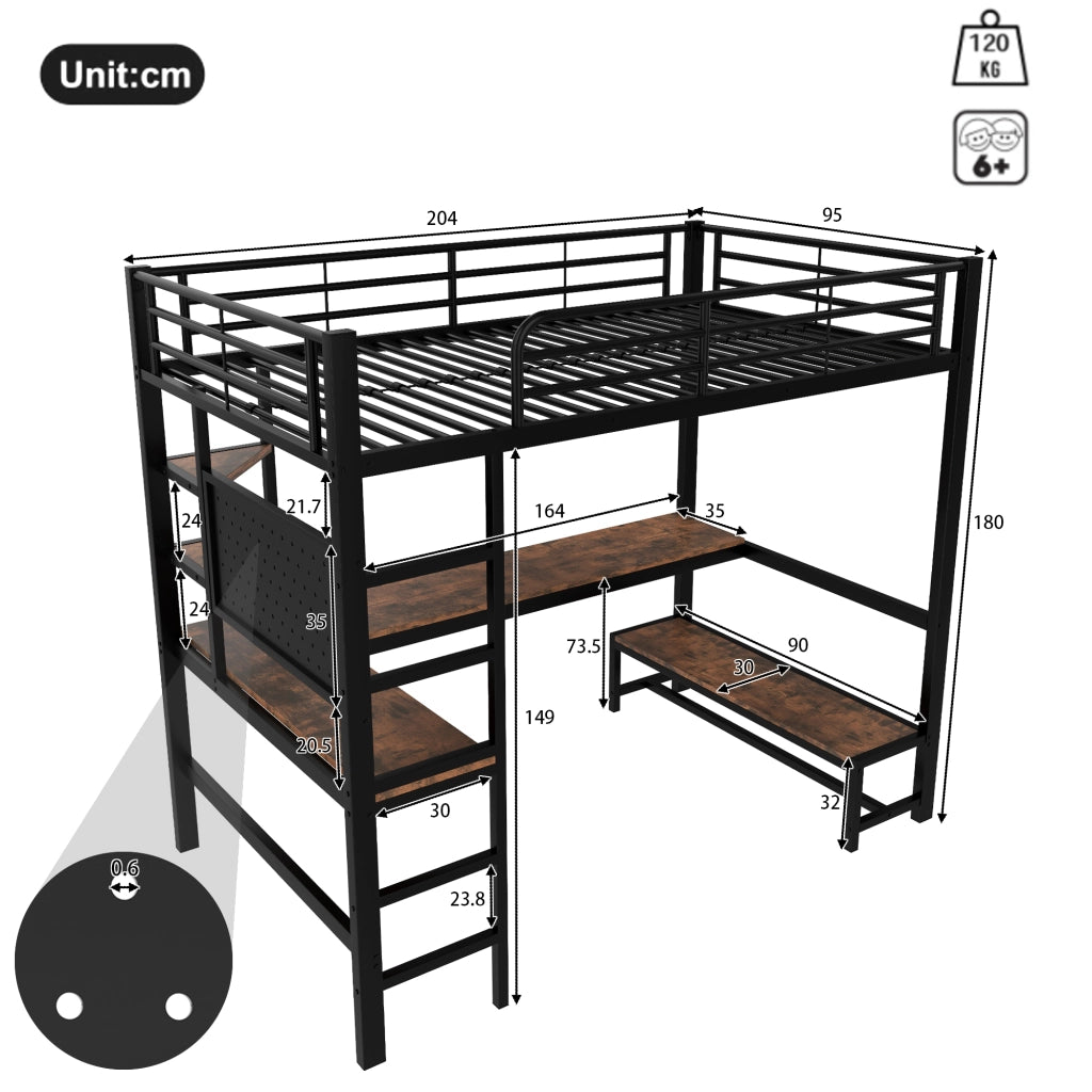 Letto a soppalco 90 × 200 cm con scrivania ripiani LED USB Type-C scala e barriera in metallo e MDF nero