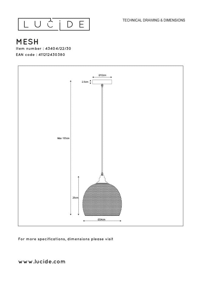 Lucide sospensione Mesh nera metallo Ø22cm E27 max 60W