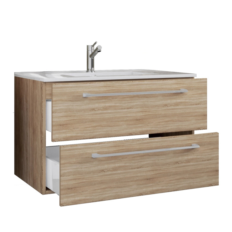 Completo di Ezooza Set Bagno 2 Pezzi Mobile Large con 2 cassetti e Lavabo sospesi , Rovere Sonoma ,