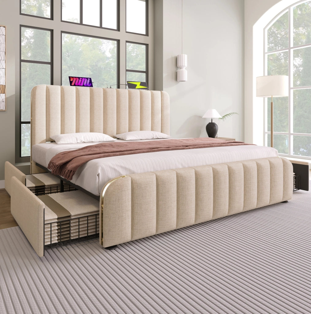 Letto matrimoniale imbottito 180x200 cm in lino beige con 4 cassetti; USB e Type-C; materasso incluso
