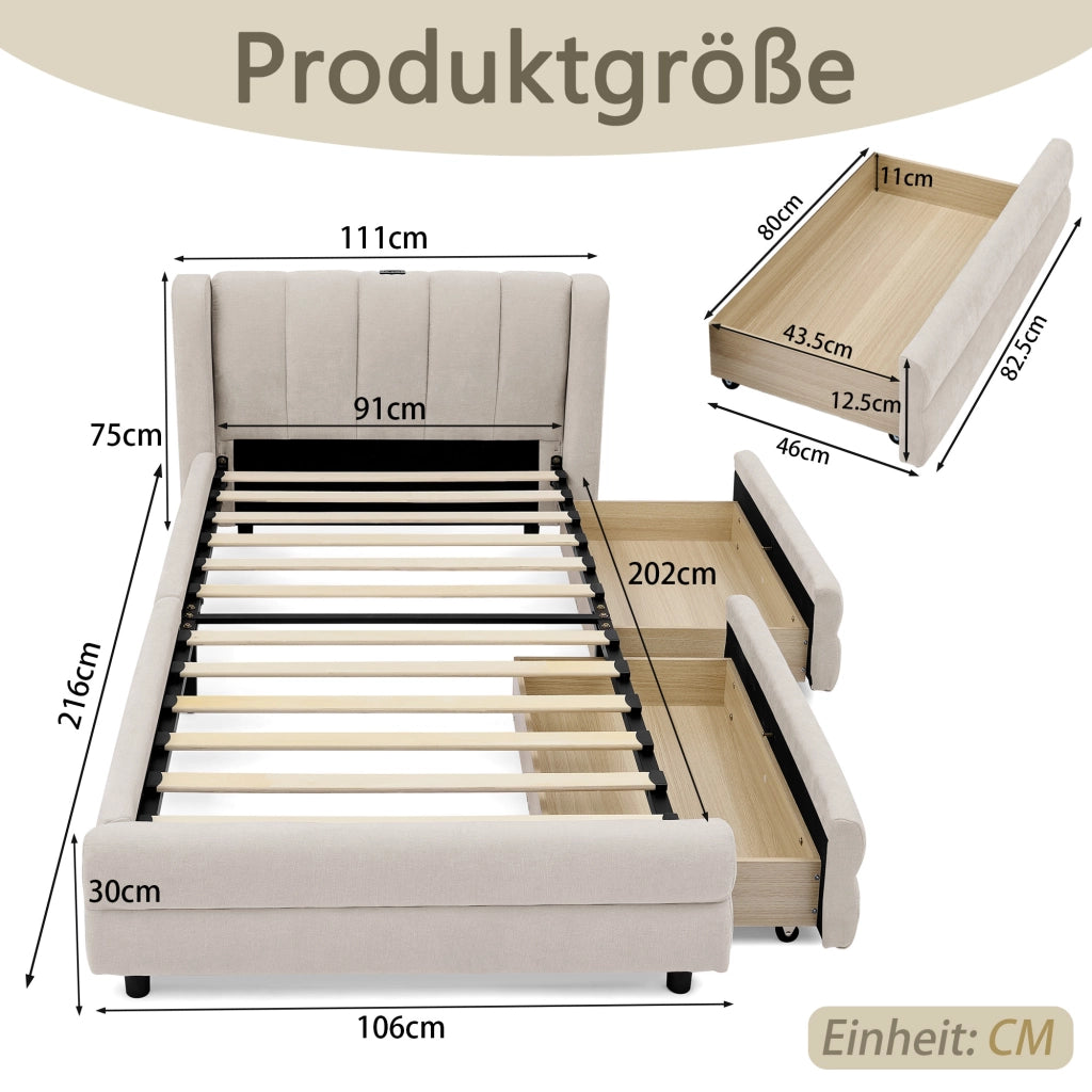 Letto Singolo 90x200 cm; 1 Posto - 2 Cassetti; USB e Type-C - Chenille - Beige